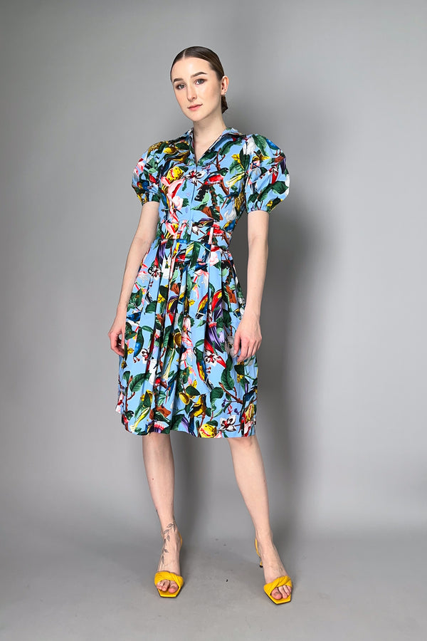 Samantha Sung Puff Sleeve Midi Dress with Birds and Flowers Print in Soft Blue