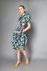 Samantha Sung Puff Sleeve Midi Dress with Birds and Flowers Print in Soft Blue