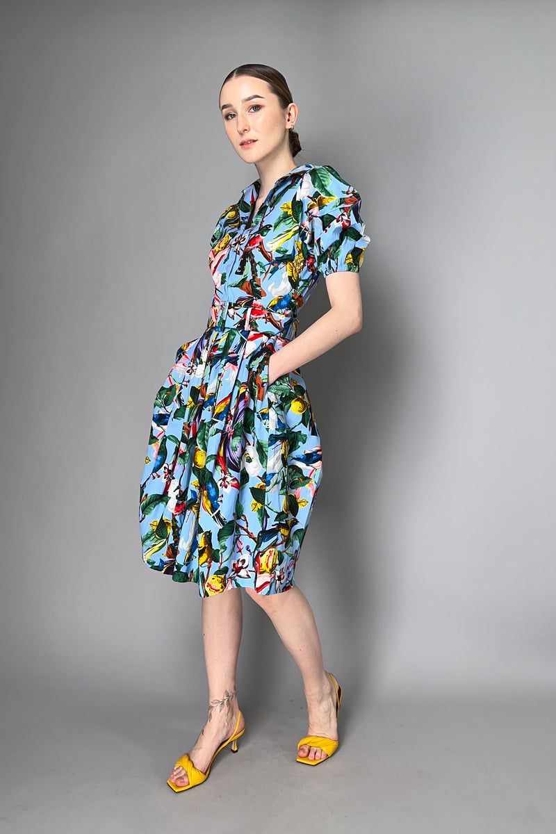 Samantha Sung Puff Sleeve Midi Dress with Birds and Flowers Print in Soft Blue Vancouver. Shop Online or in Store.