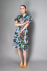 Samantha Sung Puff Sleeve Midi Dress with Birds and Flowers Print in Soft Blue