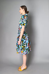 Samantha Sung Puff Sleeve Midi Dress with Birds and Flowers Print in Soft Blue