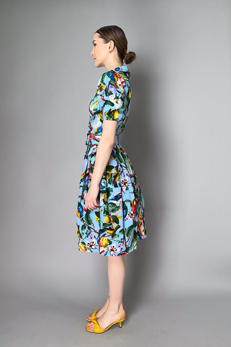 Samantha Sung Puff Sleeve Midi Dress with Birds and Flowers Print in Soft Blue Vancouver. Shop Online or in Store.
