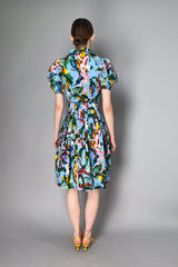 Samantha Sung Puff Sleeve Midi Dress with Birds and Flowers Print in Soft Blue