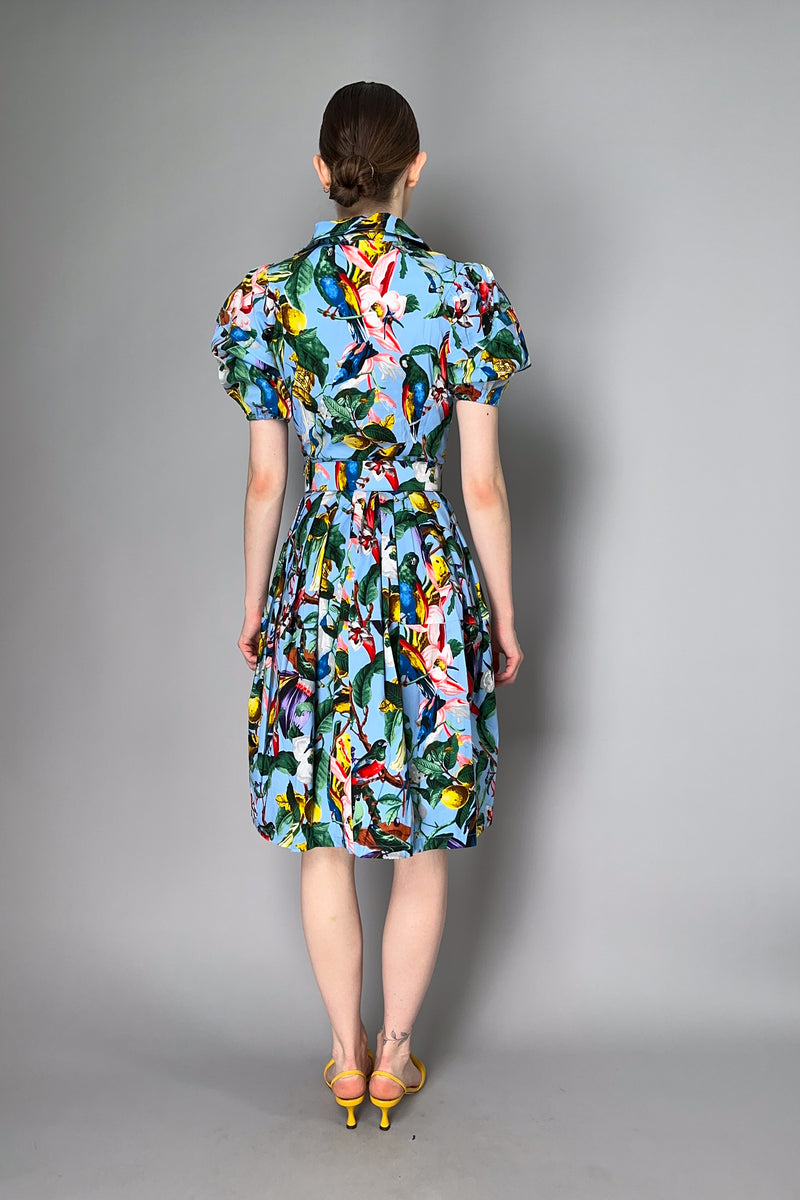 Samantha Sung Puff Sleeve Midi Dress with Birds and Flowers Print in Soft Blue Vancouver. Shop Online or in Store.