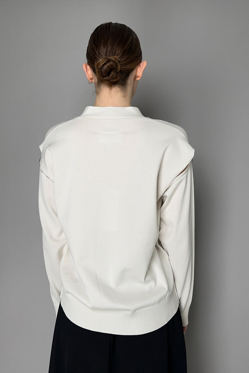 MM6 Trompe L'oeil Sleeves Cardigan with Contrast Stitching in Off-White