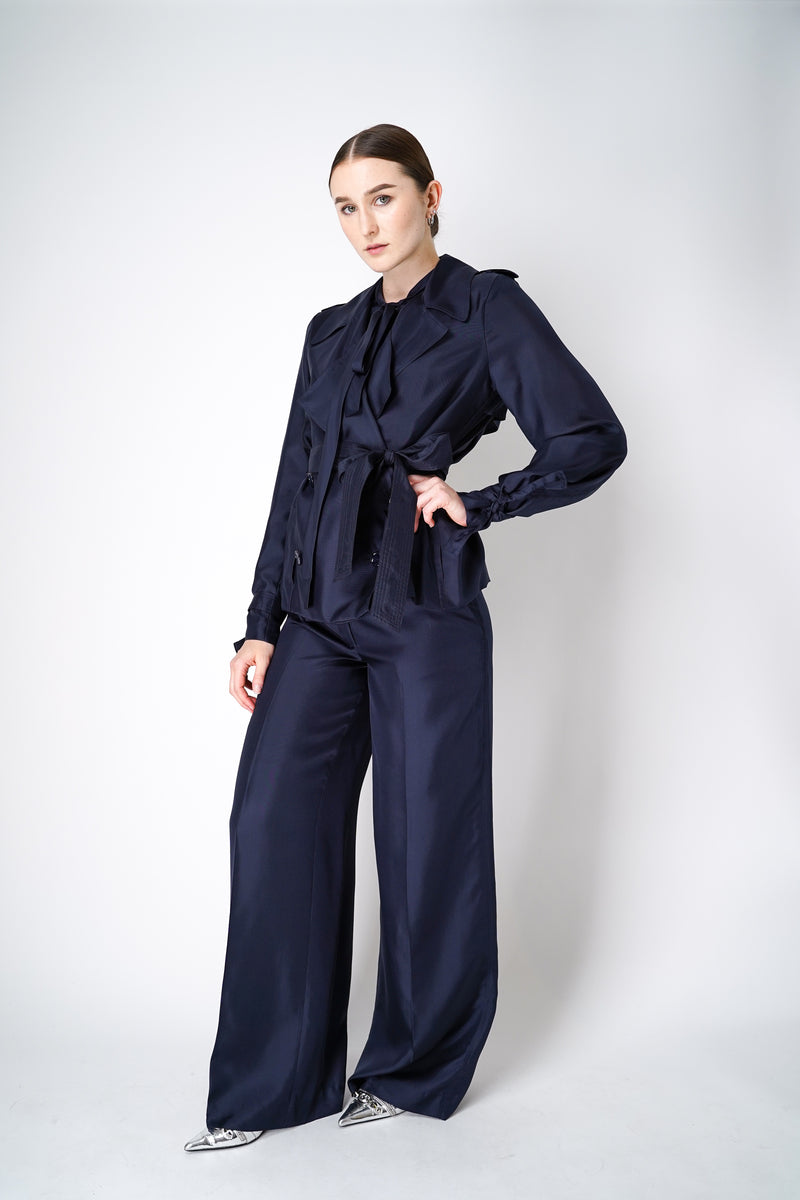 Dorothee Schumacher Straight Leg Silk Trousers in Navy Vancouver. Shop Online or in Store.