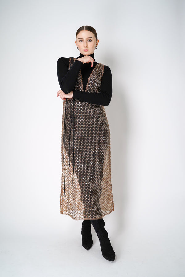 Dorothee Schumacher Beaded Mesh Layered Effect Knitted Dress in Nude and Black Vancouver. Shop Online or in Store.