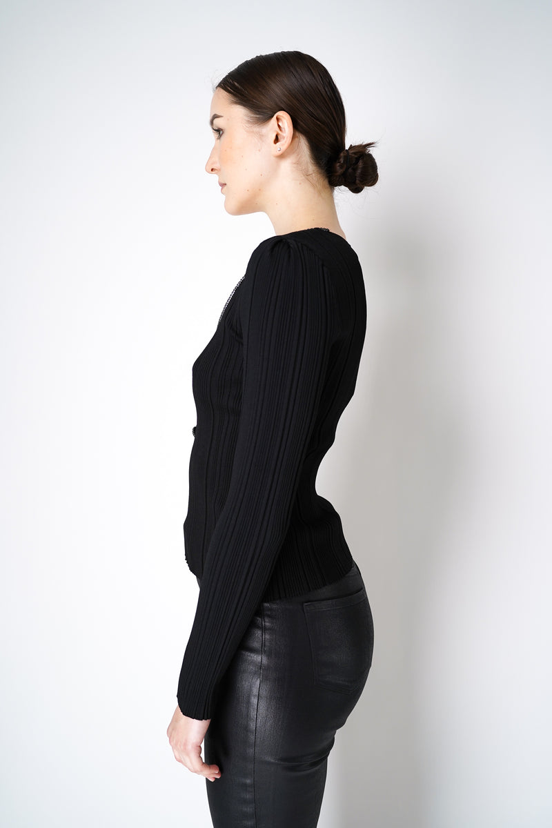 Self-Portrait Black Ribbed Knit Top with Sleeves Vancouver. Shop Online or in Store.