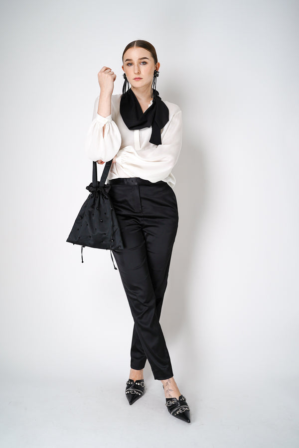 Dorothee Schumacher Tuxedo Style Shiny Sateen Trousers in Black Vancouver. Shop Online or in Store.