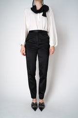 Dorothee Schumacher Tuxedo Style Shiny Sateen Trousers in Black Vancouver. Shop Online or in Store.