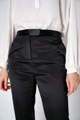 Dorothee Schumacher Tuxedo Style Shiny Sateen Trousers in Black Vancouver. Shop Online or in Store.