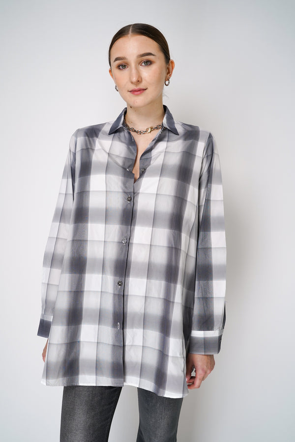 Peter O. Mahler Oversized Checkered Taffeta Button-Up Shirt in Grey Mix Vancouver. Shop Online or in Store.