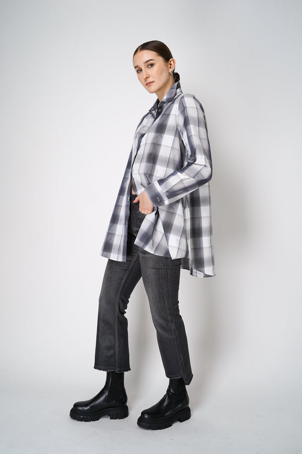 Peter O. Mahler Oversized Checkered Taffeta Button-Up Shirt in Grey Mix Vancouver. Shop Online or in Store.