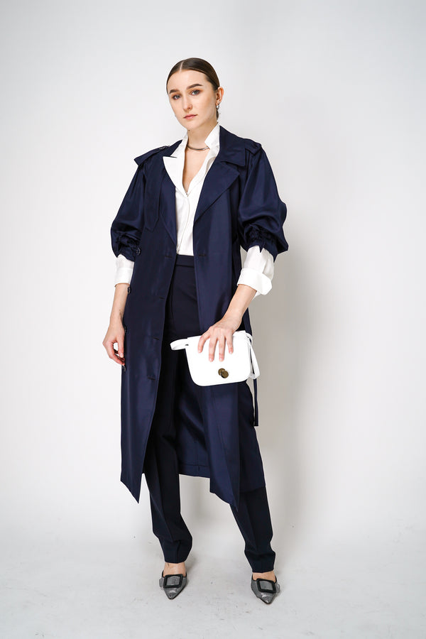 Dorothee Schumacher Double-Breasted Trench Coat Dress in Navy Vancouver. Shop Online or in Store.