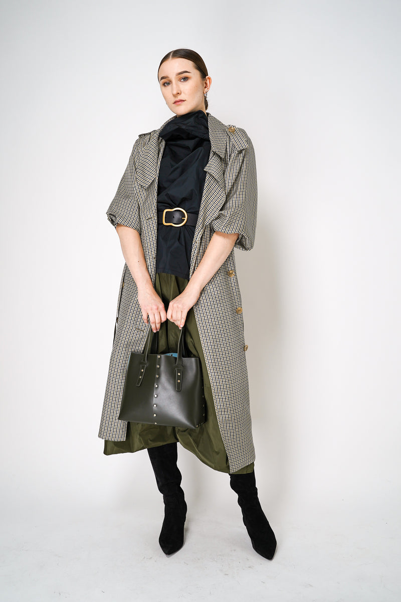 Dorothee Schumacher Double-Breasted Houndstooth Check Trench Coat Dress in Leguan Green Vancouver. Shop Online or in Store.