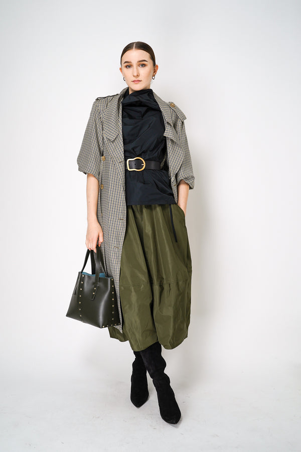 Dorothee Schumacher Double-Breasted Houndstooth Check Trench Coat Dress in Leguan Green Vancouver. Shop Online or in Store.