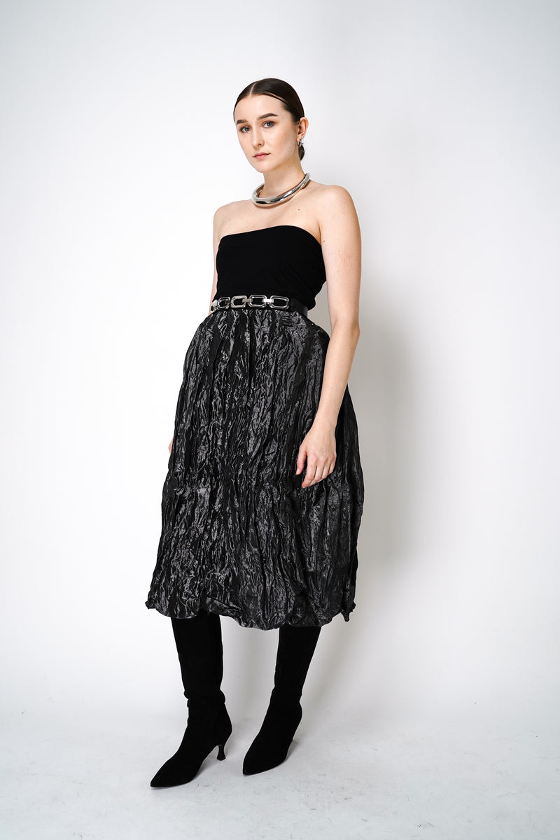 Peter O. Mahler Crinkle Taffeta Tulip Skirt in Metallic Grey Vancouver. Shop Online or in Store.
