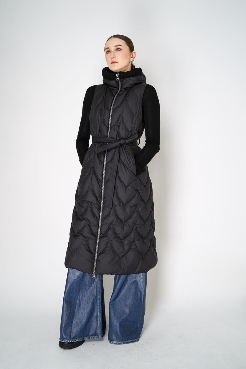 Tonet Padded Maxi Vest with Knitted Details in Black Vancouver. Shop Online or in Store.
