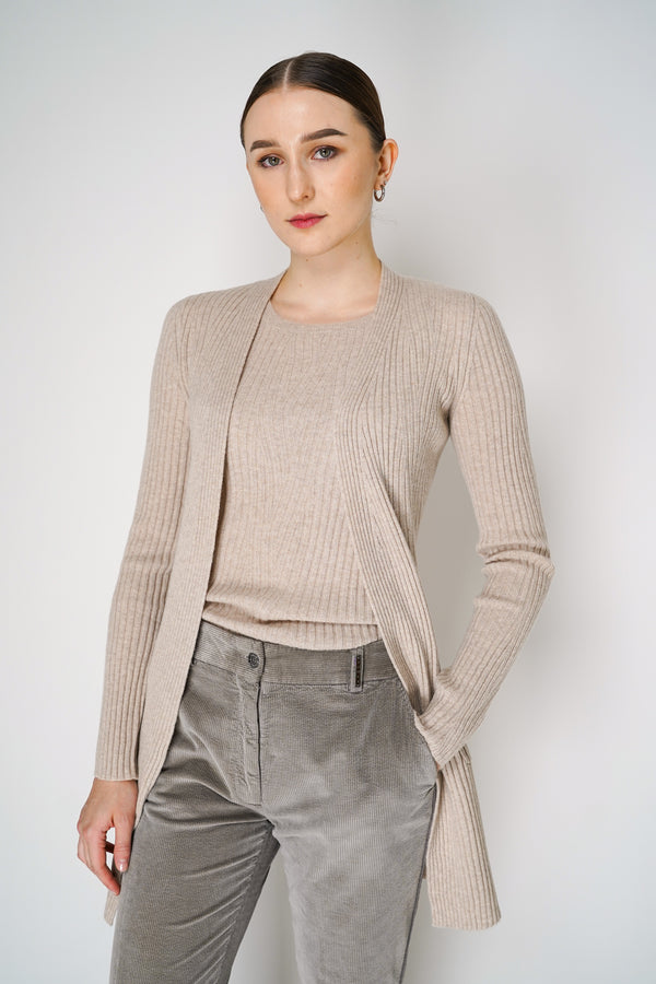 Tonet Cashmere Blend Knitted Rib Cardigan with Tie Belt in Beige Vancouver. Shop Online or in Store.