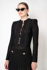 Balmain Stretch Knit Viscose Open Work Cardigan in Black