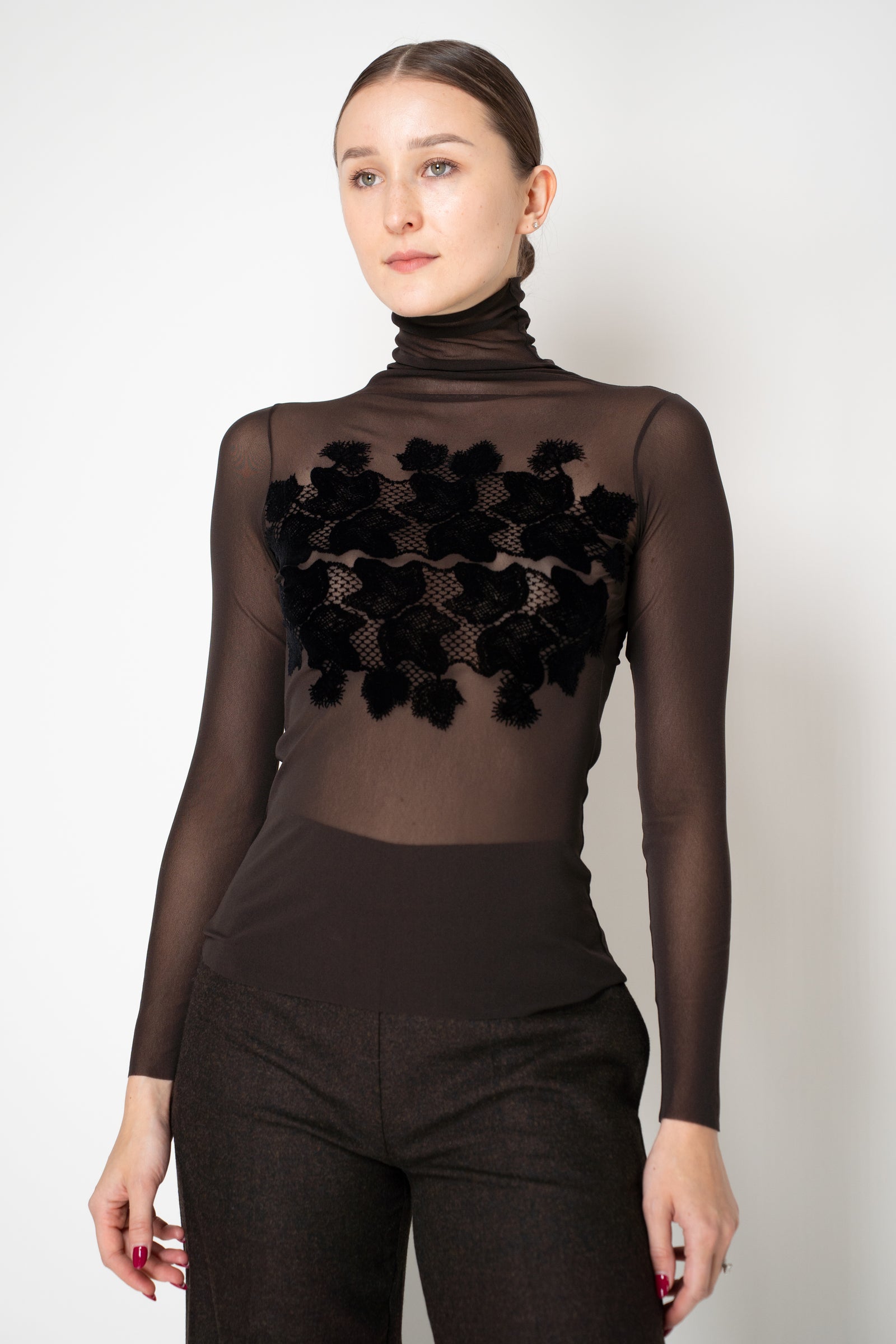 D. Exterior Stretch Tulle Turtleneck Top with Flock Chest Detail