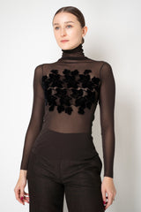 D. Exterior Stretch Tulle Turtleneck Top with Flock Chest Detail in Espresso