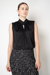 D. Exterior Sleeveless Sateen Blouson Top in Black