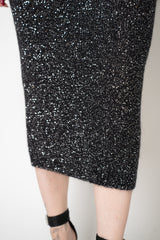 D. Exterior Stretch Knit Wool Alpaca Sequined Skirt in Black