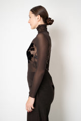 D. Exterior Stretch Tulle Turtleneck Top with Flock Chest Detail in Espresso