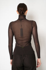 D. Exterior Stretch Tulle Turtleneck Top with Flock Chest Detail in Espresso