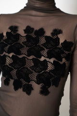 D. Exterior Stretch Tulle Turtleneck Top with Flock Chest Detail in Espresso