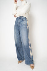 Rag & Bone Miramar Terry Wide-Leg Track Pants in Medium Blue Denim Print