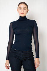 D. Exterior Stretch Tulle Turtleneck Top in Navy