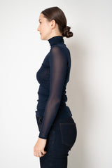 D. Exterior Stretch Tulle Turtleneck Top in Navy