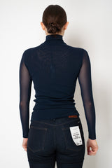 D. Exterior Stretch Tulle Turtleneck Top in Navy
