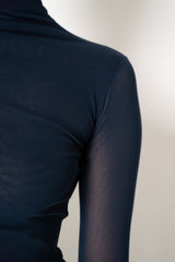 D. Exterior Stretch Tulle Turtleneck Top in Navy