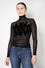 D. Exterior Stretch Tulle Turtleneck Top with Flock Chest Detail in Black