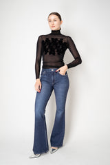 D. Exterior Stretch Tulle Turtleneck Top with Flock Chest Detail in Black