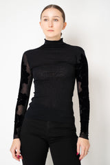 D. Exterior Stretch Tulle Turtleneck Top with Flock Lace in Black