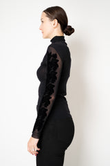 D. Exterior Stretch Tulle Turtleneck Top with Flock Lace in Black