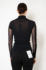 D. Exterior Stretch Tulle Turtleneck Top with Flock Lace in Black