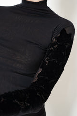 D. Exterior Stretch Tulle Turtleneck Top with Flock Lace in Black