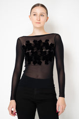 D. Exterior Stretch Tulle Crew Neck Top with Flock Chest Detail in Black