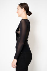 D. Exterior Stretch Tulle Crew Neck Top with Flock Chest Detail in Black