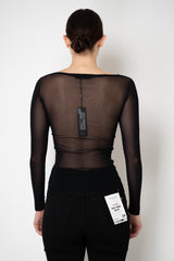 D. Exterior Stretch Tulle Crew Neck Top with Flock Chest Detail in Black