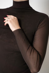 D. Exterior Stretch Tulle Turtleneck Top in Espresso