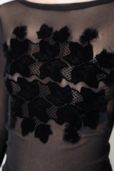 D. Exterior Stretch Tulle Crew Neck Top with Flock Chest Detail in Black