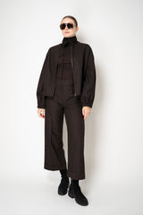 D. Exterior High Neck Balloon Sleeve Flannel Jacket in Espresso