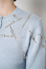 Fabiana Filippi Wool Cashmere Knit Cardigan with Strass Embroidery in Light Blue