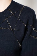 Fabiana Filippi Wool Cashmere Knit Cardigan with Strass Embroidery in Navy